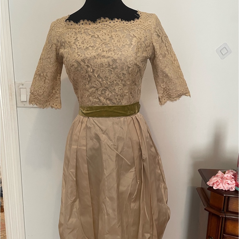 Vintage Harry Keiser cream wedding dress worn velvet chartreuse waist ribbon
